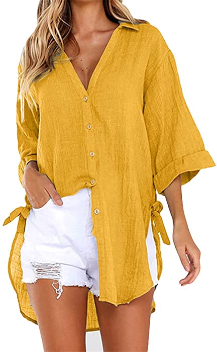 Summer Tops for Women 3/4 Sleeve V-Neck Button Down T Shirts Plus Size Top Casual Work Pockets Collared Tee Blouses