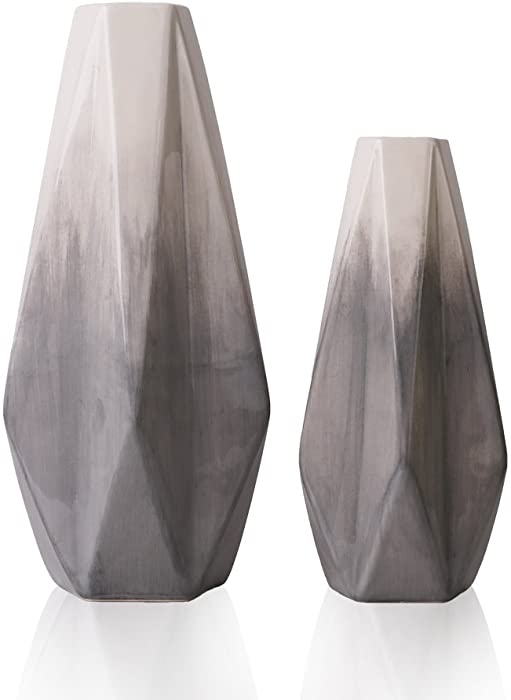 TERESA'S COLLECTIONS Modern Ceramic Vase for Home Decor, Grey and White Geometric Decorative Vases for Living Room, Mantel, Table Decoration-11 inch, Set of 2