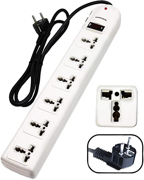 KRIEGER Universal Power Strip AC 220-240V Surge Protector With Heavy Duty German Schuko Plug For Computer, Printers, 6 Universal AC Outlets - Type E/F