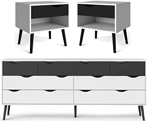 Home Square Modern 3 Piece Furniture Set with 2 Pieces of 1-Drawer Nightstands and 8 Drawer Wood Double Bedroom Dresser in White and Black