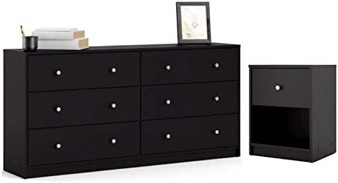 Home Square 2 Piece Bedroom Set with 6-Drawer Double Dresser and 1-Drawer Nightstand in Black