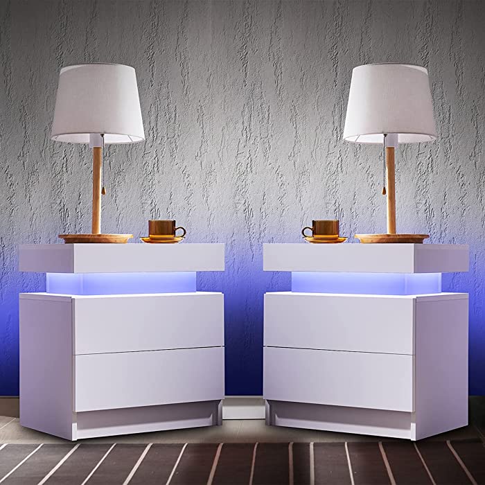 Nightstand Set of 2 LED Nightstand with 2 Drawers, Bedside Table with Drawers for Bedroom Furniture, Side Bed Table with LED Light, White…