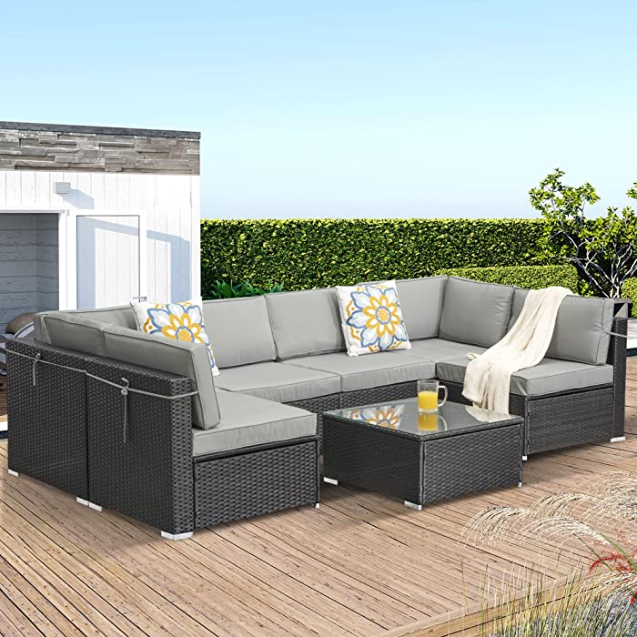 SUNVIVI OUTDOOR 7-Piece Patio Sofa Conversation Furniture Set, Outdoor Wicker Sectional for Backyard, Garden with 6 Chairs, 6 Seat Clips, Coffee Table - Black/Grey