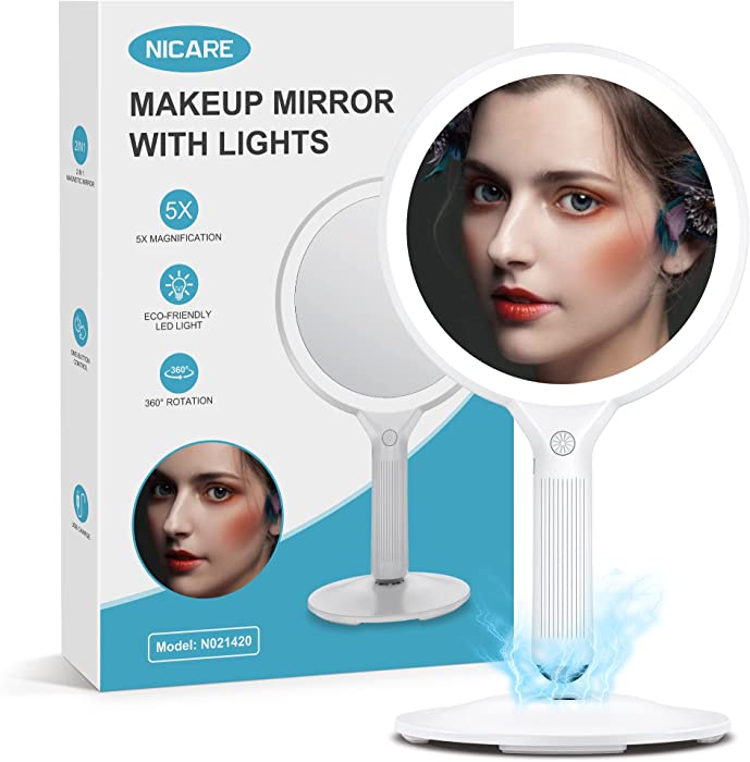 Makeup Mirror, Vanity Mirror with Lights, 1X/ 5X Magnifying & Lighted with 3 Colors, Magnetic Base, 360 Degree Rotation, LED Travel Makeup Mirrors, Cosmetic Mirror, Idea Gifts for Women