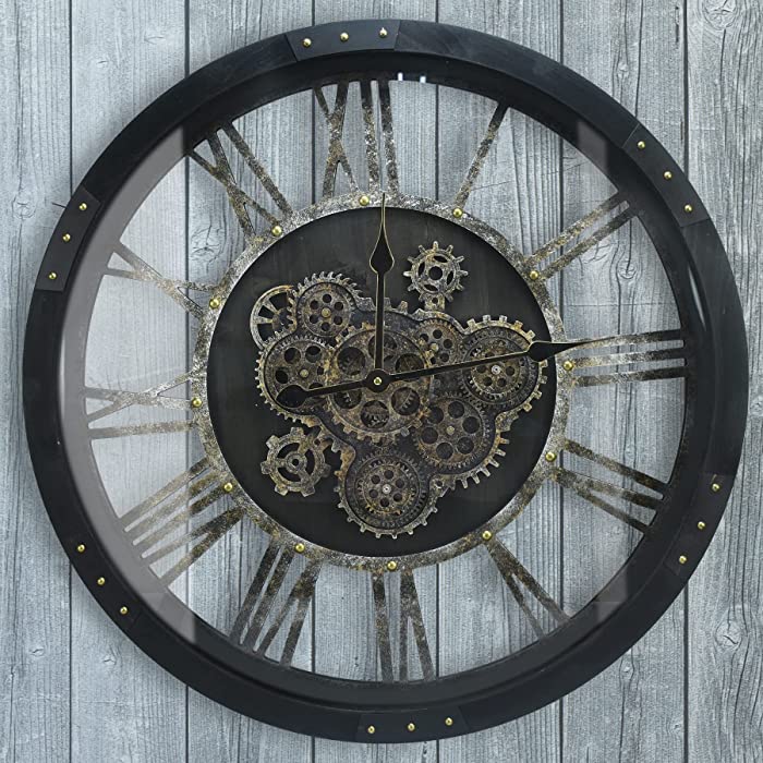 27" Large Moving Gears Wall Clock for Living Room Decor, Solid Wood Retro Metal HD Toughened Glass Cover, Oversized Modern Rustic Clocks for Kitchen Farmhouse Office Home Decor (Black)