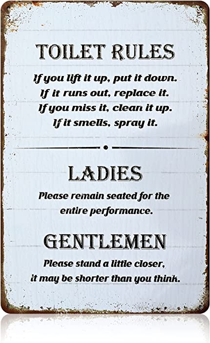 Metal Signs Vintage Funny Gift, Farmhouse Rustic Wall Art Hanging Plaques, Home Décor Accents for Kitchen Coffee Bar (Toilet rules)