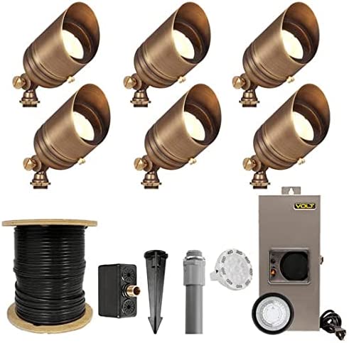 VOLT Brass LED Outdoor Spotlight 6-Pack Kit (Bronze) with 150W Low Voltage Transformer