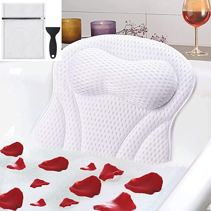 Bath Pillow, Spa Bathtub Pillow ,Luxury 4D Air Mesh Bath Pillows Headrest for Neck, Head, Shoulders and Back Support, Bath Pillow for Tub with 6 Non-Slip Suction Cups (White)