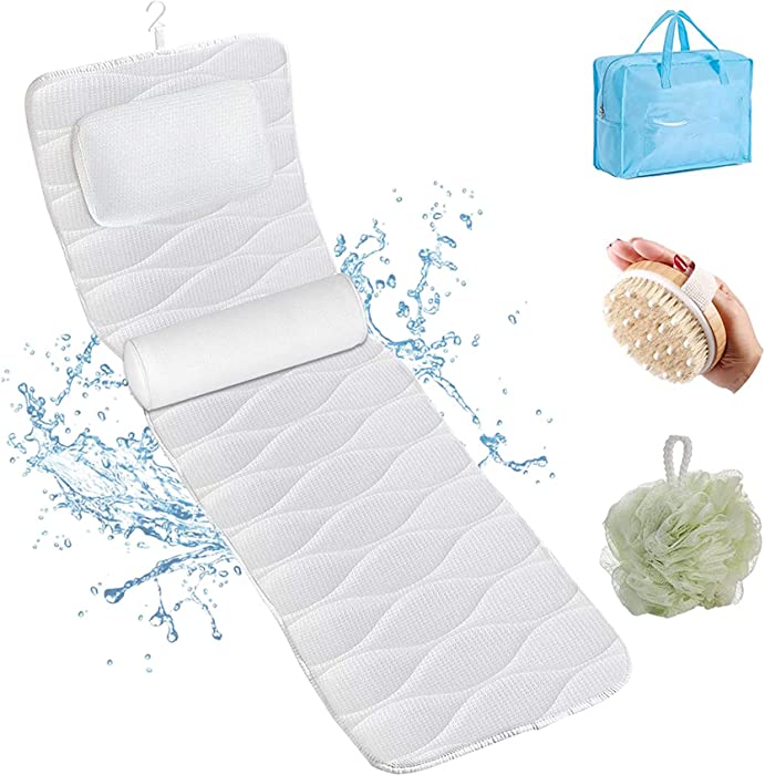 Full Body Bath Pillow，Bath Pillows for Tub with Deluxe Lumbar Pillow with Suction Cup and Free Bath Brush and Bath Ball, Full Body Bath Pillow for Neck Shoulder Head and Back Support