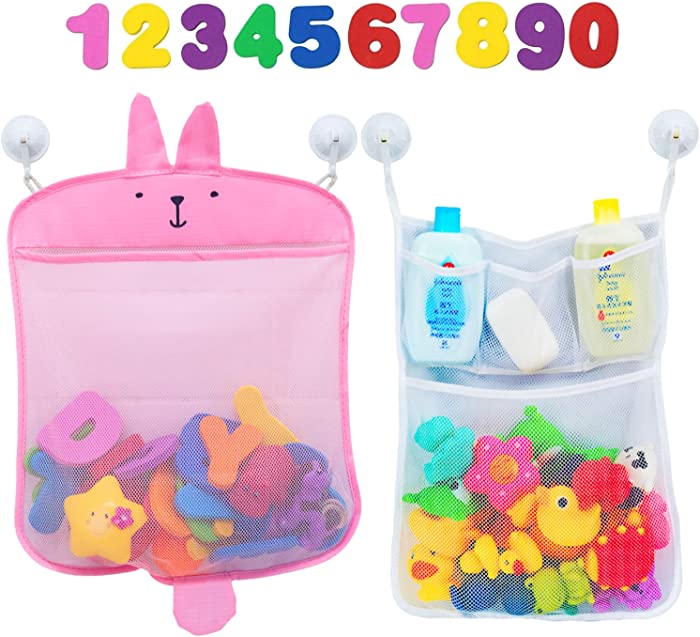 Comfylife Baby Bath Toy Organizer - Bunny (2 Bath Toy Storage Nets, 10 Toy Numbers & 10 Strong Hooks) – Great Bath Net for Kids – Cute Bathtub Toy Organizer and Bath/Shower Caddy Storage Solution
