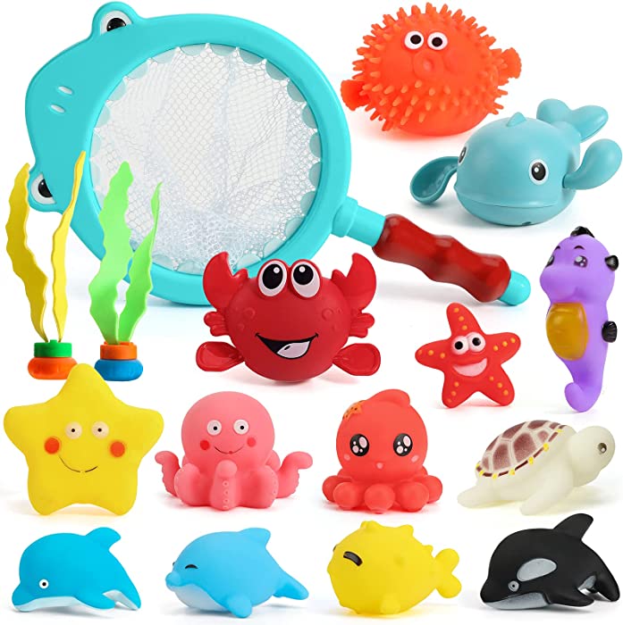 Shindel 16PCS Bath Toys, Kids Floating Animal Toys Pool Toy Set Fishing Net Clockwork Swimming Toys, Pool Toys for Toddlers Age 2-4