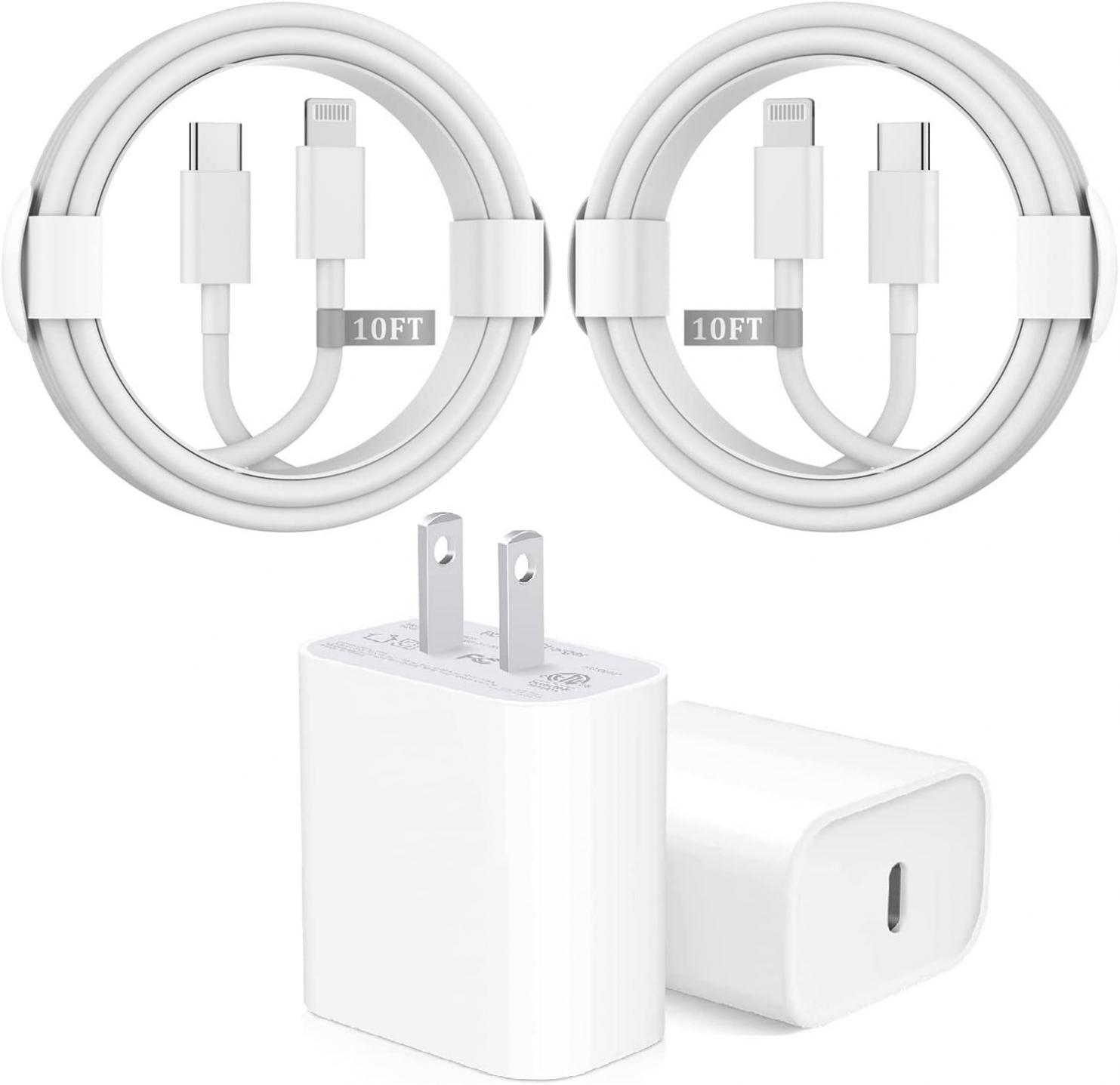 iPhone Fast Charger, 2 Pack [Apple MFi Certified] 20W USB C Wall Charger Block with 10FT Long USB C to Lightning Fast Charging Data Sync Cable Compatible for iPhone 14 13 12 11 XS XR X 8 iPad AirPods