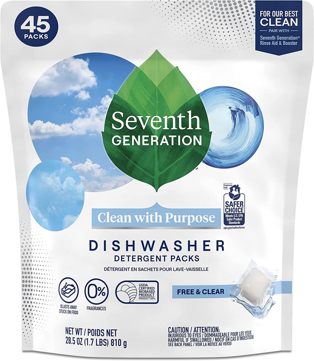 Seventh Generation Dishwasher Detergent Packs for Sparkling Dishes Free & Clear Dishwasher Tabs 45 Count