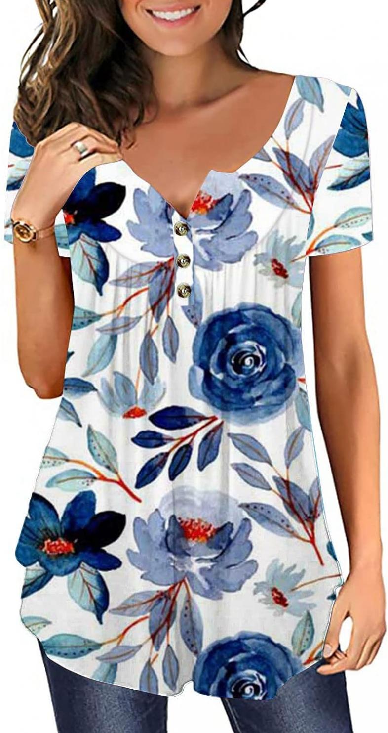 Womens Summer Tunic Tops 2023 Casual Dressy Short Sleeve T Shirts Floral Boho Trendy Cute Tees Fashion Hide Belly Blouses