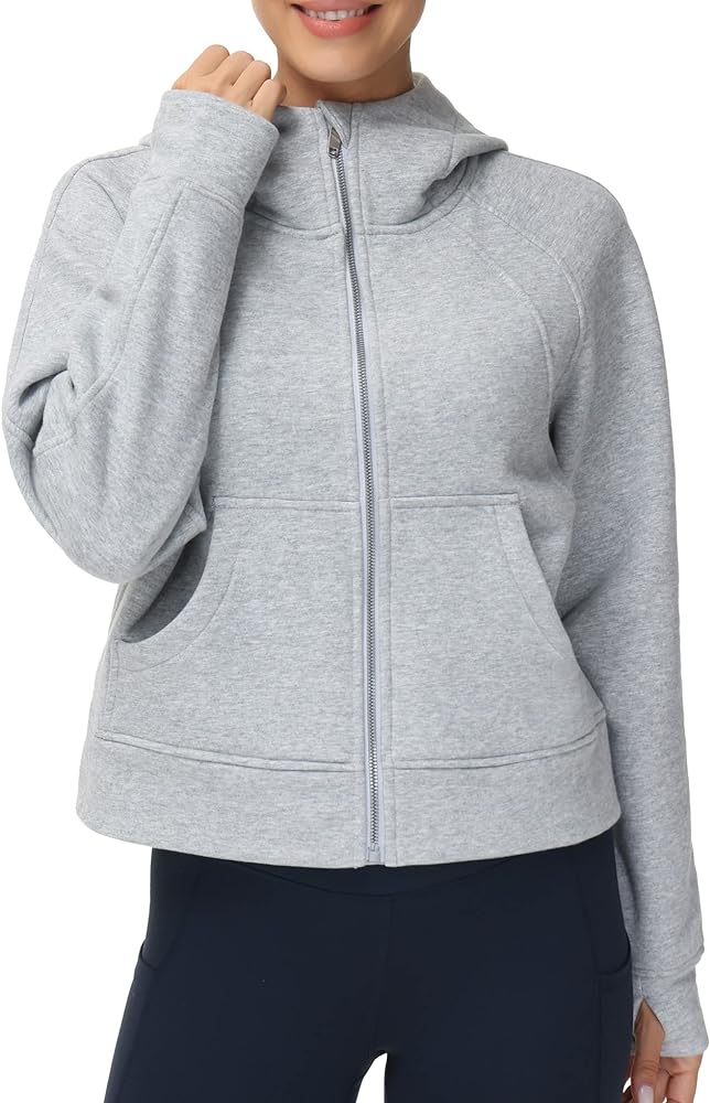 THE GYM PEOPLE Women's Full-Zip Up Hoodies Jacket Fleece Workout Crop Tops Sweatshirts with Pockets Thumb Hole