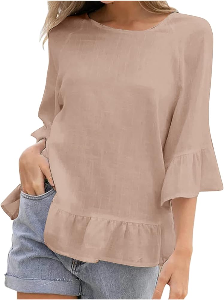 Ceboyel Womens Blouses Dressy Casual Cotton Linen Summer Shirts 3/4 Ruffle Sleeve Tops Dressy Ladies Going Out Clothing 2023