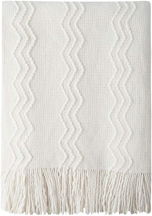 BOURINA Throw Blanket Textured Solid Soft for Sofa Couch Decorative Knitted Blanket, 50" x 60" Off White