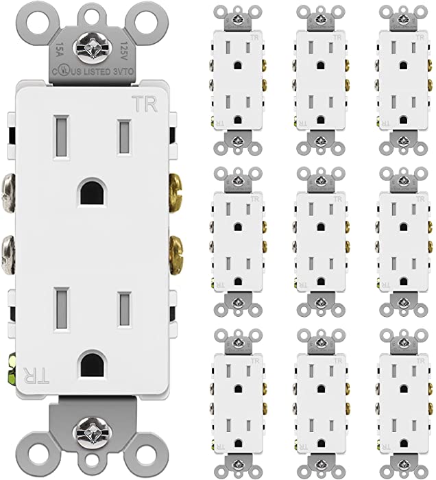 [10 Pack] BESTTEN 15 Amp Decorator Wall Receptacle, Tamper Resistant Outlet, 15A/125V/1875W, UL Listed, White