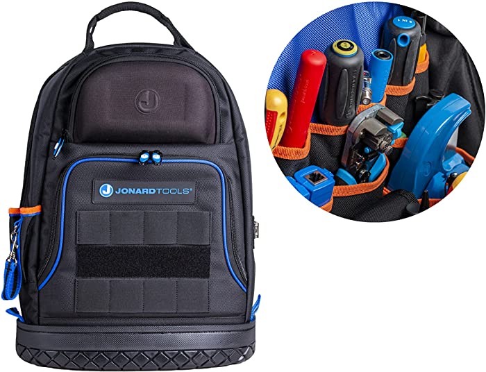 Jonard Tools BP-100 Heavy Duty Technician's Pro Tool Bag Backpack with 48 Storage Pockets and Hard Molded Base