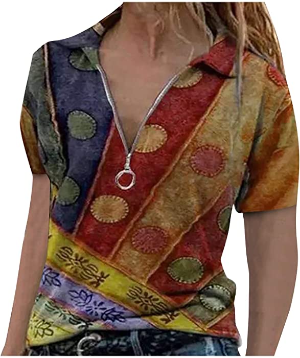 Women Short Sleeve Tops Collared Zipper V Neck T Shirts Summer Casual Loose Cute Heart Print Graphic Tee Tshirt Blouse
