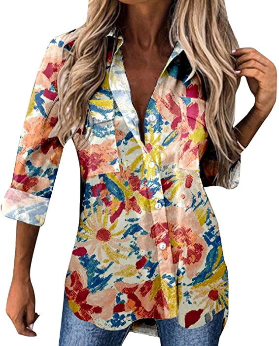 Women V Neck Button Down Shirts Fashion Animal Printed Long Sleeve Collared Blouse Loose Pockets Vacation T-Shirt Tops