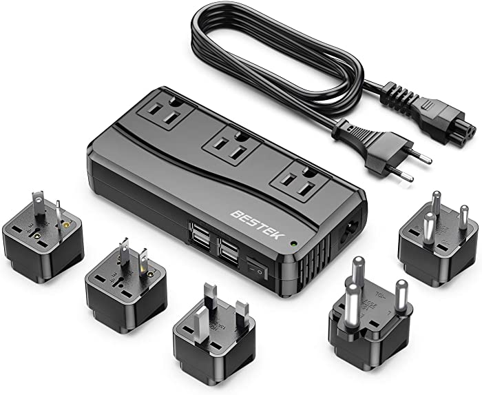 BESTEK 250W Power Converter 3-Outlet and 4-Port USB Travel Voltage Transformer 220V to 110V with Type G/D/M/AU/US Travel Plug Adapters