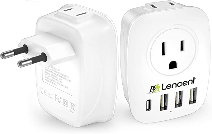European Plug Adapter, LENCENT International Travel Power Plug with 2 AC Outlets&3 USB Ports &1 USB C, US to Most of Europe EU Italy Spain France Iceland Germany Greece Israel（Type C）,1 Pack