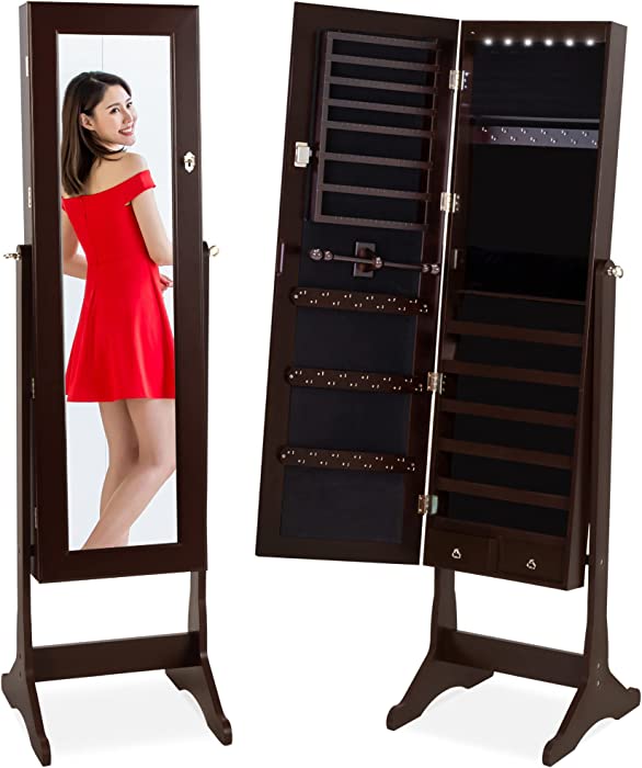 Best Choice Products 6-Tier Full Length Standing Mirrored Lockable Jewelry Storage Organizer Cabinet Armoire w/ 6 LED Interior Lights, 3 Angle Adjustments, Velvet Lining, Espresso