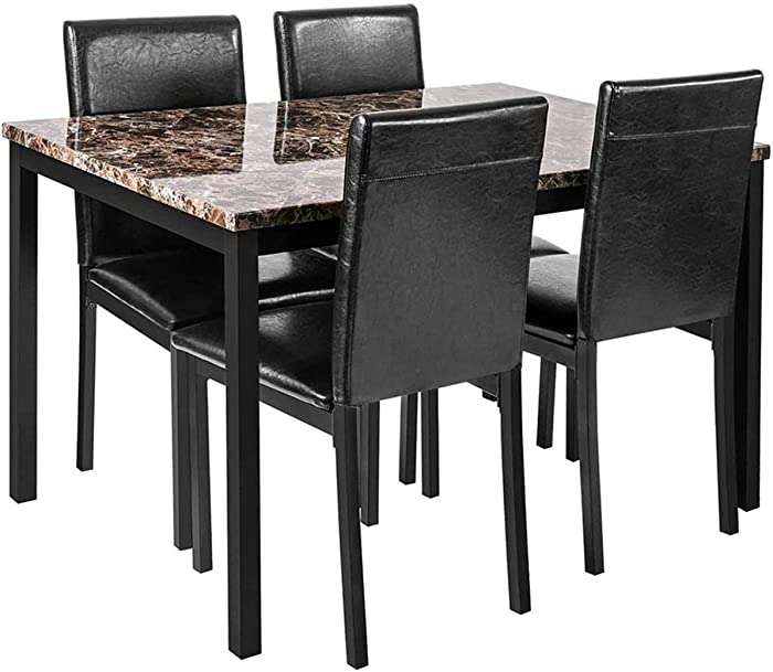 Faux Marble Dining Set for Small Spaces Kitchen 4 Table with Chairs Home Furniture, Black…