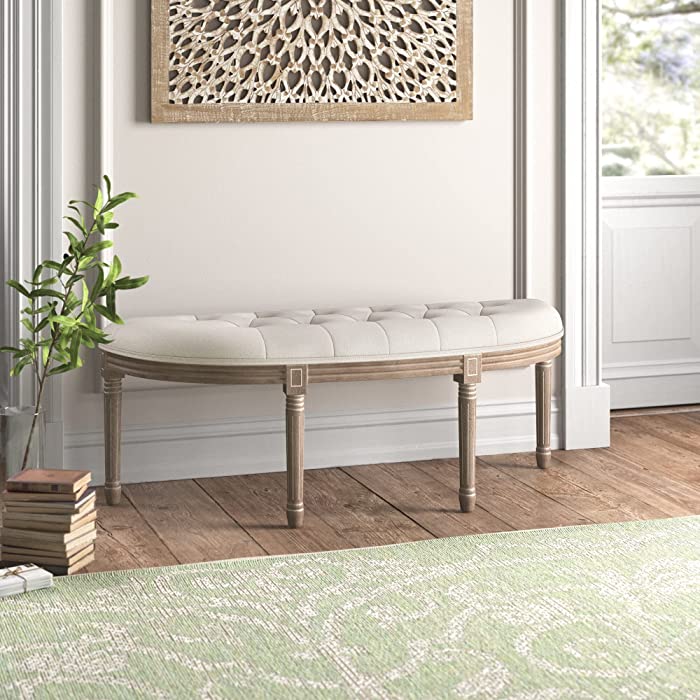 WINGBO 49" Tufted Semi Circle Ottoman Bench Seat, Birch Frame & Rubber Wood Legs & Faded Wood Finish, French Style Home Furniture for Entryway Foyer Mudroom Bedroom End of Bed