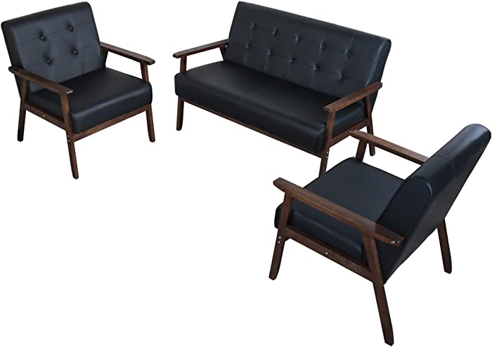 JIASTING Mid Century 1 Loveseat Sofa and 2 Accent Chairs Set Modern Wood Arm Couch and Chair Living Room Furniture Sets (8428 Black Set)