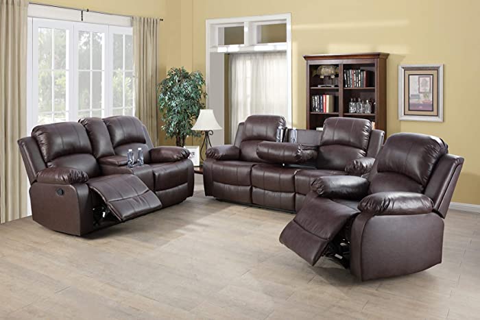 Lifestyle Furniture Luxurious Reclining Sofa Set, Bonded Leather Manual Recliner with Drop Down Table for Living Room, Home Theater, Brown, (3PCS)