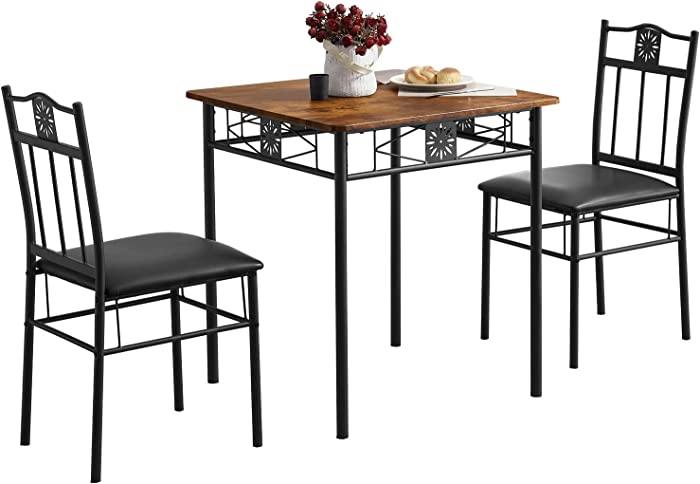 VECELO 3-Piece Kitchen Dining Room Table Set for Small Spaces, PU Padded Chairs, Retro Brown