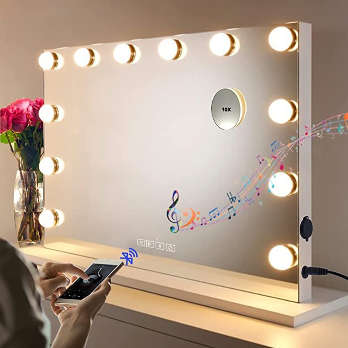 HOMPEN Bluetooth Makeup Mirror with Lights and Speaker Hollywood Vanity Mirror, Touch Screen, 3 Color Modes Frameless Tabletop Mirror with 12 Dimmable Bulbs (White)