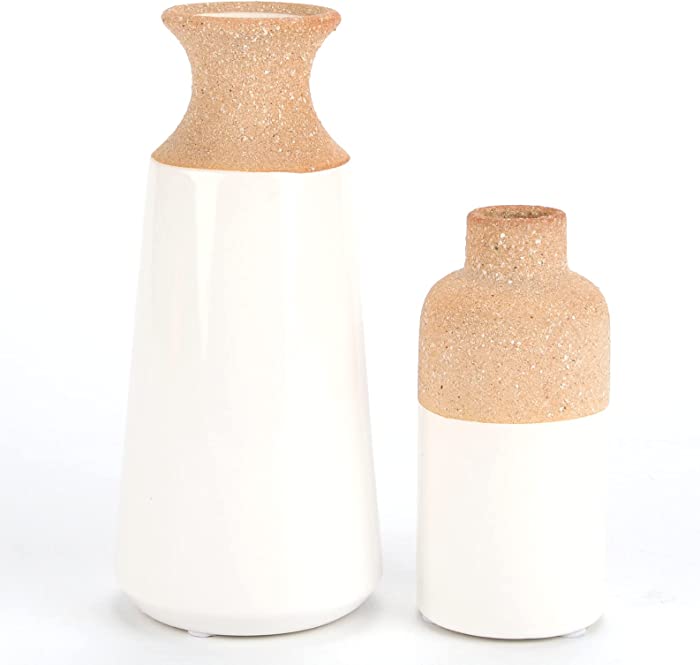 LiteViso Ceramic Rustic Farmhouse Vase Set for Home Decor, Set of 2 Pottery Decorative Flower Vases, White Sand Glaze Finish Boho Vases for Living Room, Mantel, Table Decoration, 7.5 and 5 in