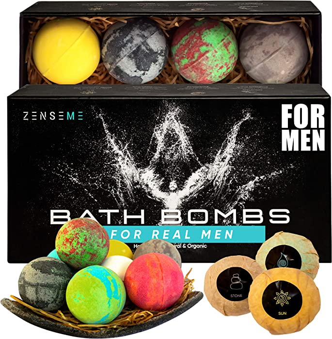 Bath Bombs for Men, Gift Set of 8 Scented Organic Handmade Bath Bombs of 2.5 oz with Natural Essential Oils. Perfect for Boyfriend, Husband, Father or Friend, by ZenseMe