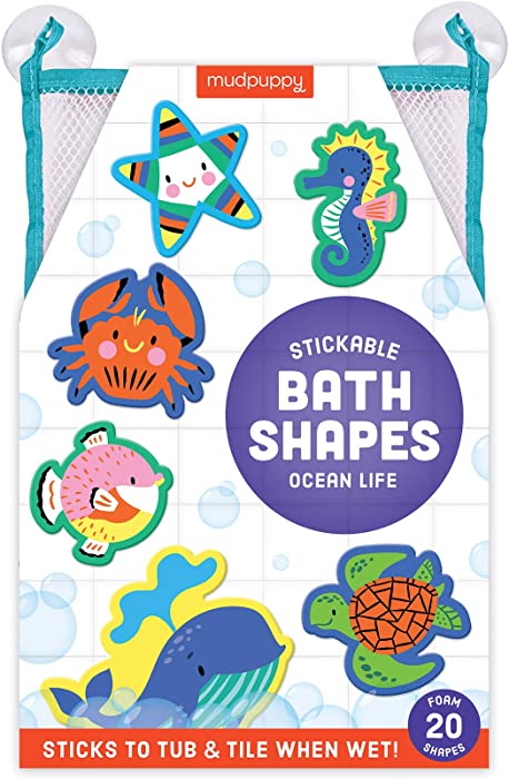 Mudpuppy Ocean Life Stickable Foam Shapes, 20 Foam Animal Shapes with Mesh Storage Bag – Fun Bath Toys for Toddlers – Learning Activity for Ages 2+