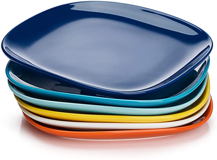 Sweese 152.002 Porcelain Square Dinner Plates - 10 Inch - Set of 6, Multicolor, Hot Assorted Colors