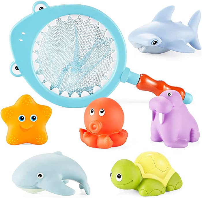 AUGESTE 7PCS Baby Bath Toys for Toddlers Water Spraying Discoloration Floating Animals Fishing Net and Store in Bathtub Bathroom Pool for Kids Baby(Color-Changing Shark Style)