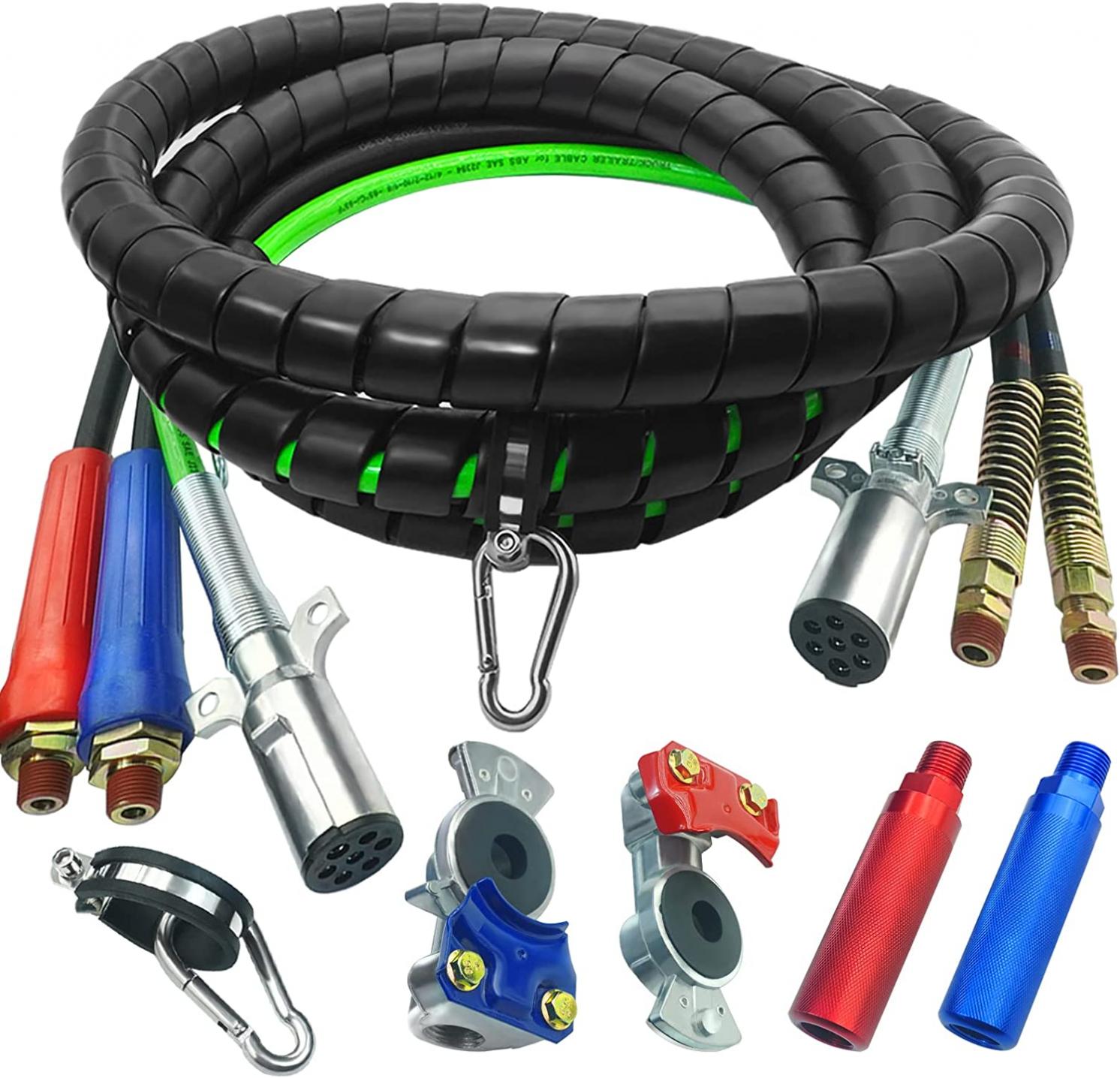 15 ft 3 in 1 Semi Truck Air Line Kit, Air Lines for Tractor Trailer Truck Parts with Rubber Air Hose Assembly,7 Way ABS Electrical Cable, Peterbilt Air Power Line TR Trailer with Handle Grip Glad
