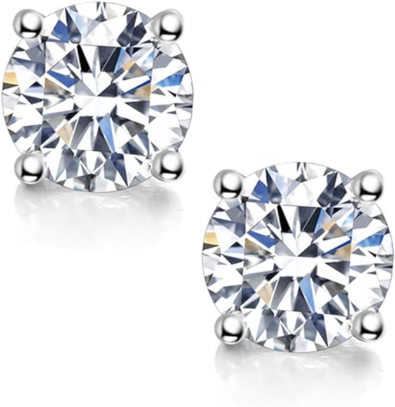 Moissanite Stud Earrings, 0.6ct-2ct DF Color Brilliant Round Cut Lab Created Diamond Earrings 18K White Gold Plated Silver Friction Back for Women Men