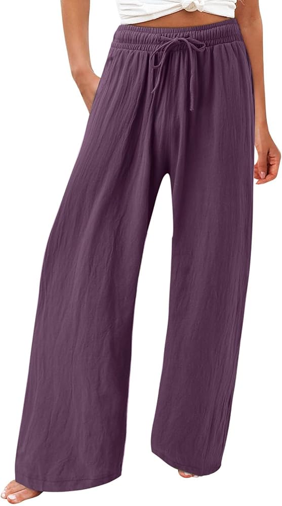 Women Summer High Waisted Cotton Linen Flowy Palazzo Pants Wide Leg Long Lounge Pant Trousers with Pockets
