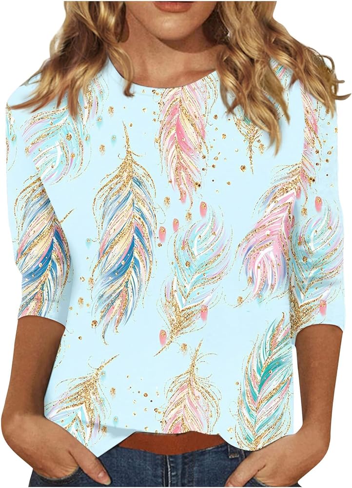 Womens 3/4 Sleeve Tops and Blouses 2024 Casual Crew-Neck Flower Printing T-Shirt Three Quarter Sleeve Office Work Tops