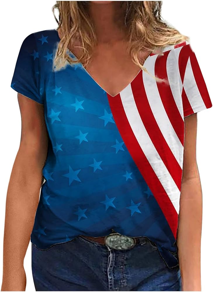 USA Stars and Stripes Shirts for Women 4th of July Shirt Summer Short Sleeve Tee Shirt Patriotic Novelty Blouse