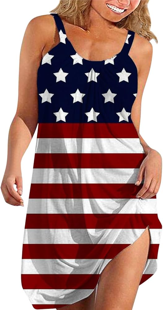 4th of July Dresses for Women Summer Casual Sleeveless Beach Flowy Sundress Patriotic American Flag Print Stars Tank Dress