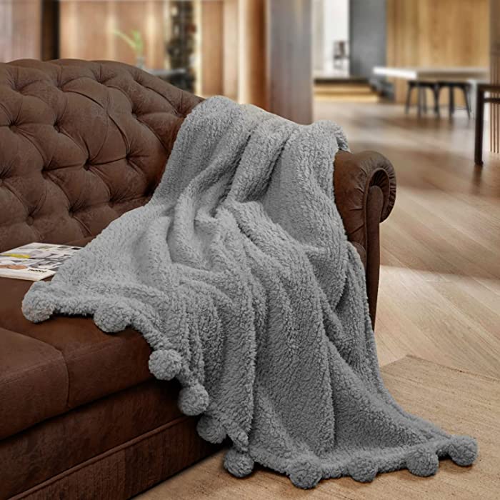 Sherpa Throw Blanket for Couch - 60x80, Grey with Pom Poms - Fuzzy, Fluffy, Plush, Soft, Cozy, Warm - Perfect Throws for Bed, Sofa, Couches