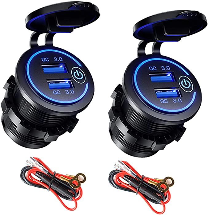 [2 Pack] 12V USB Outlet QC3.0 Dual USB Car Charger Socket with Touch Switch, Waterproof 12V/24V Quick Charge Power Outlet with Wire/Fuse for Car Boat Marine Truck Bus RV ATV Golf Cart