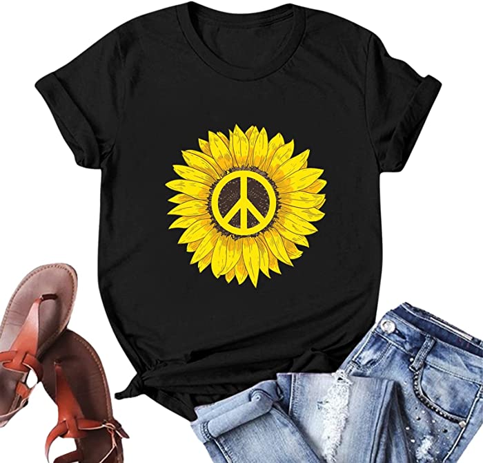 Peace Sign and Sunflower Printed T-Shirts, Women Crewneck Summer Tops Short Sleeve Graphic Tees Shirt Colorful Tshirts