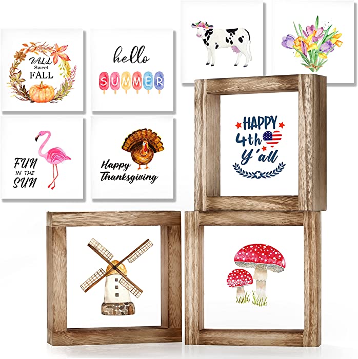 Farmhouse Home Decor Signs, Set of 3 Rustic Frames with 18 Interchangeable Cottagecore Aesthetics Signs for Seasonal Decoration, 6"x6" Centerpiece Frames for Living Room Wall Decor, Coffee Bar Sign and Tiered Tray Décor