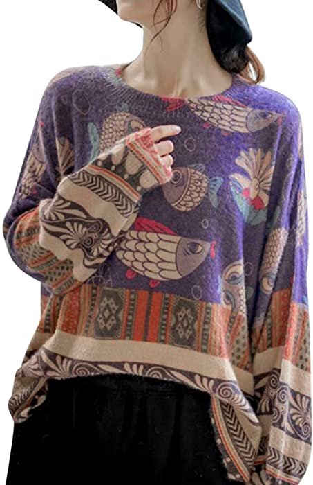 YESNO Women Sweater Graphic Oversized Pullover Sweaters Casual Loose Long Sleeve Knit Tops S01